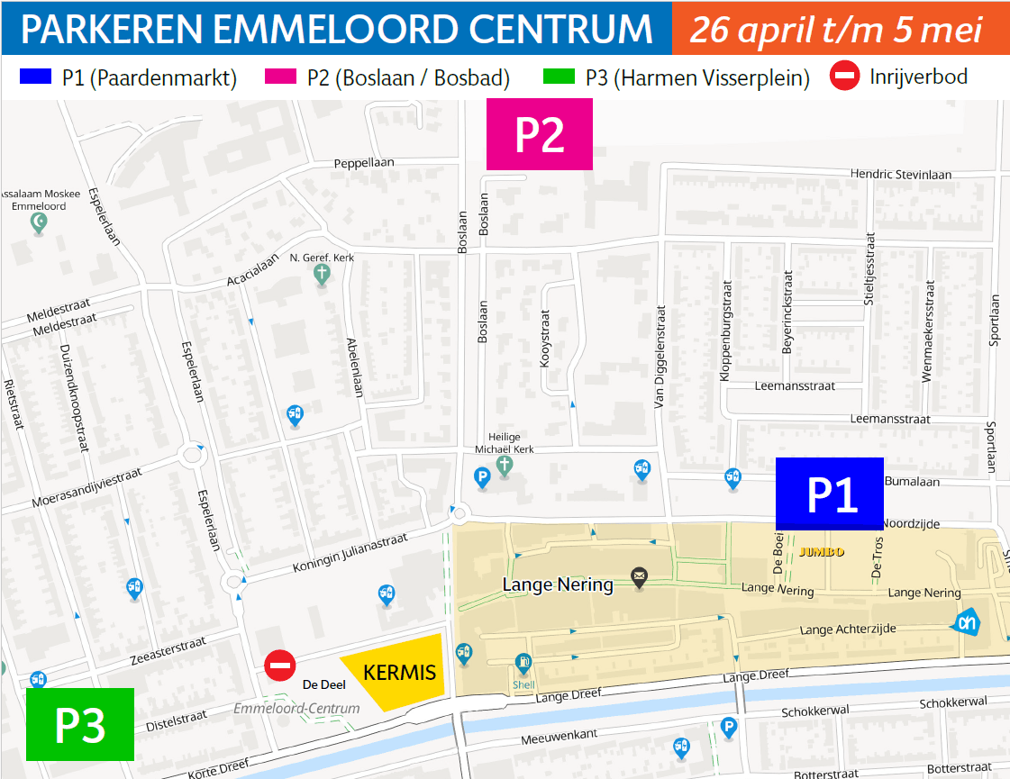 plattegrond van het centrum waarop het inrijverbod en en 3 parkeerplaatsen staan aangegeven.