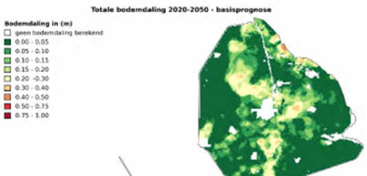 Kaart van Noordoostpolder waarop de prognose van de bodemdaling van 2020 tot 2050 is te zien
