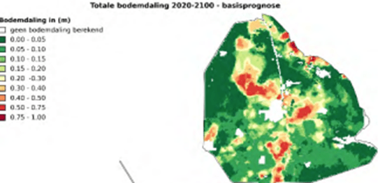 Kaart van Noordoostpolder waarop de prognose van de bodemdaling van 2020 tot 2100 is te zien