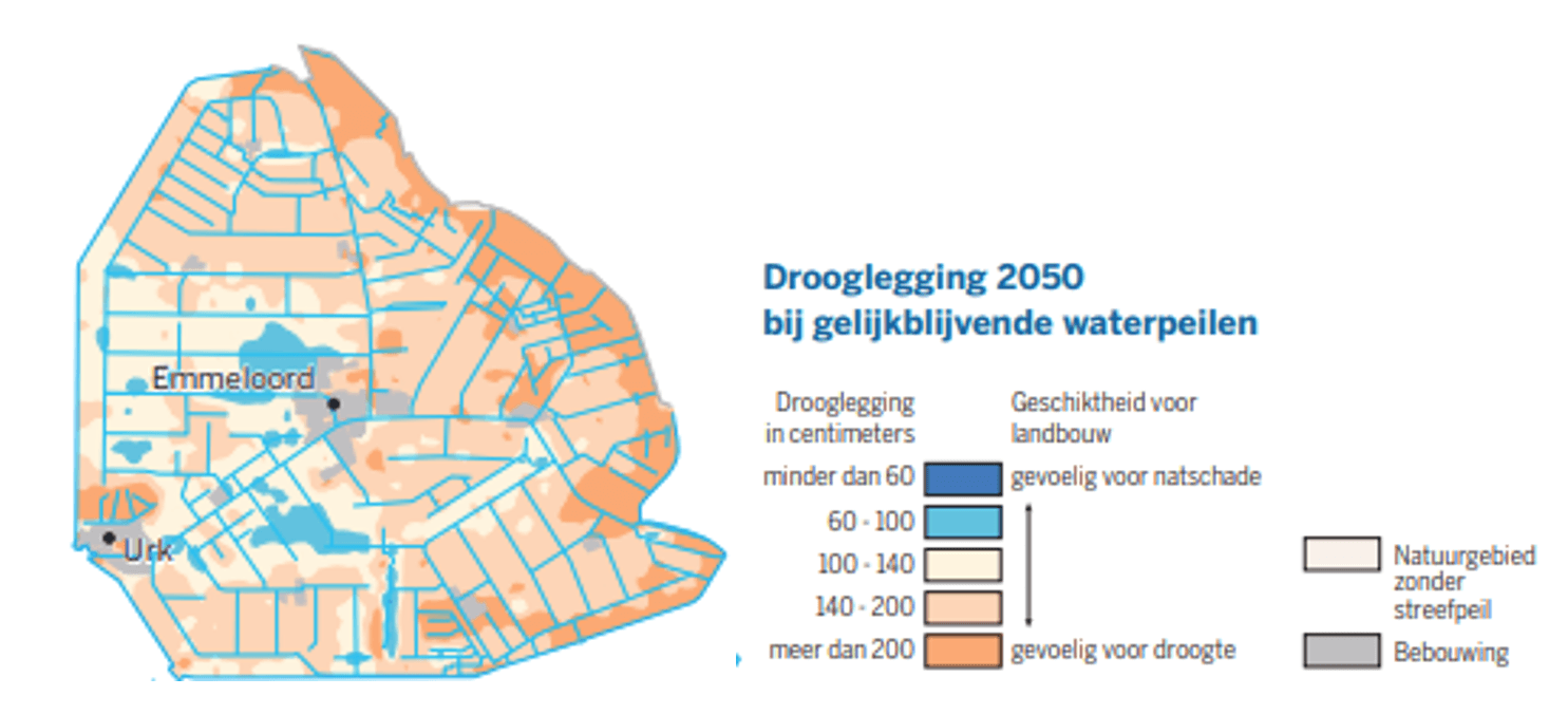 Kaart van Noordoostpolder waarop de drooglegging in cm te zien is bij gelijkblijvende waterpeilen